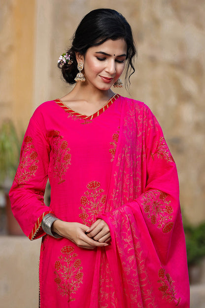 Women's Cotton Printed Kurta Palazzo Dupatta Set