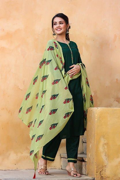 Women's Green Regular Cotton Kurta With Pants With Dupatta