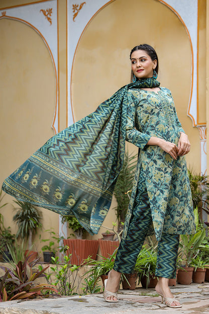 Women's Cotton Blend Printed Kurta Pant Dupatta Set