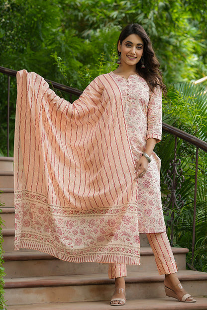 Women's Cotton Printed Kurta Pants And Dupatta Set