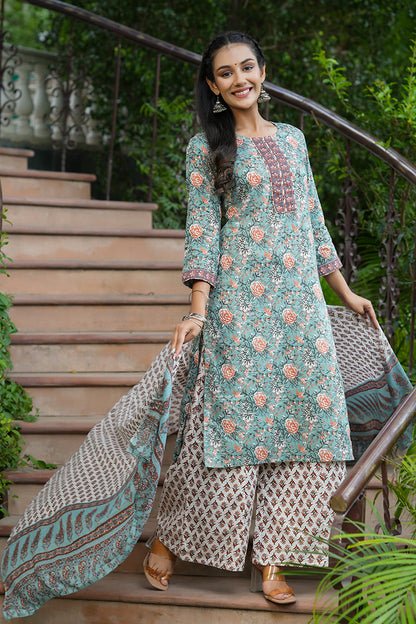 Women's Cotton Printed Kurta Pants And Dupatta Set