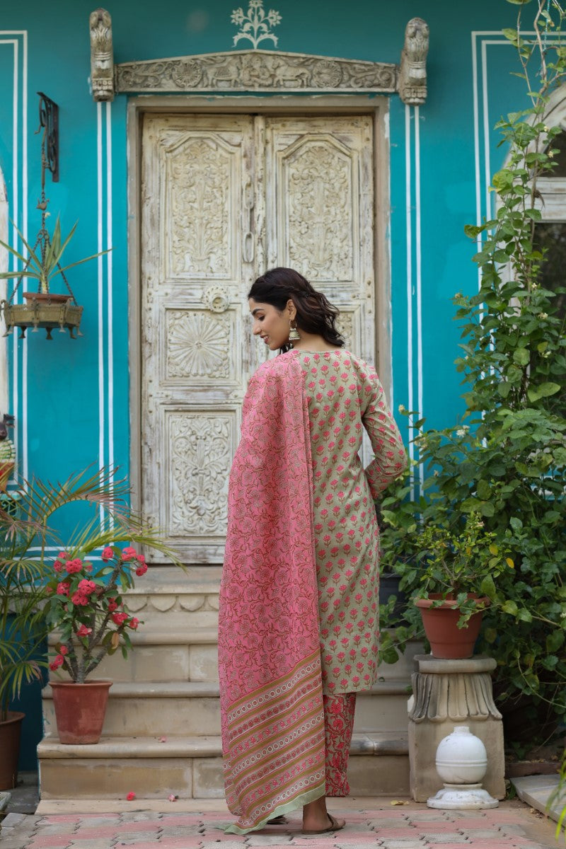 Women's Cotton Printed Kurta Pant Dupatta Set