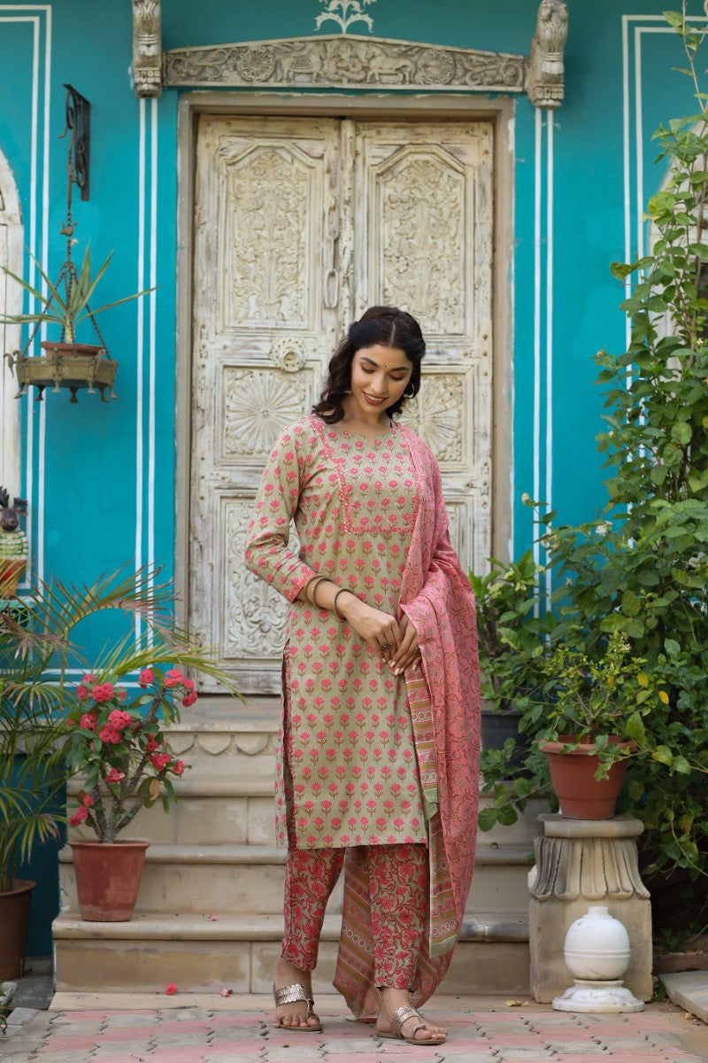 Women's Cotton Printed Kurta Pant Dupatta Set