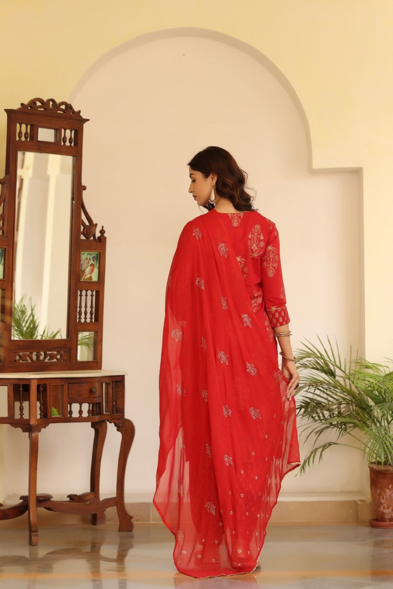 Women's Cotton Red Embroidered Work Straight Kurta Pant Dupatta Set