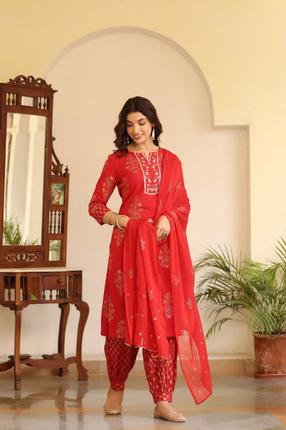 Women's Cotton Red Embroidered Work Straight Kurta Pant Dupatta Set