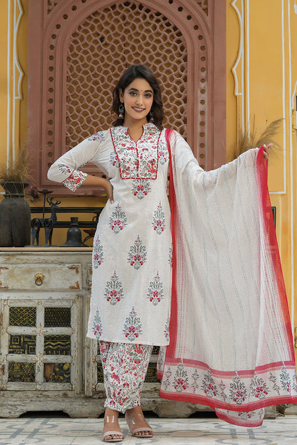 Women's Cotton Printed Kurta Pant Dupatta Set