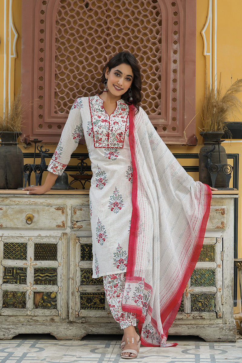 Women's Cotton Printed Kurta Pant Dupatta Set