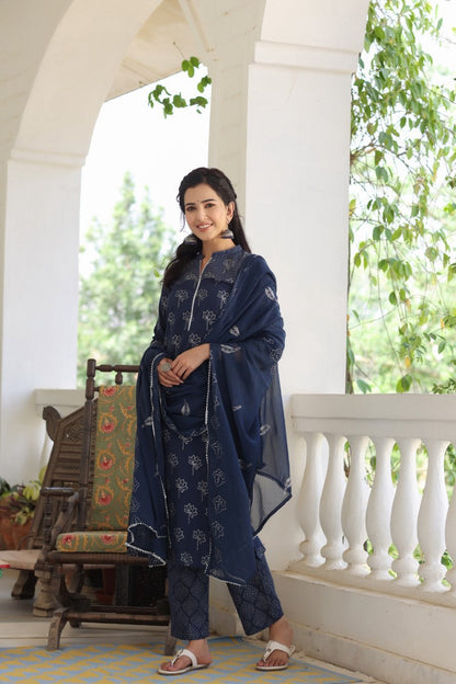 Women's Cotton Printed Kurta Pant Dupatta Set