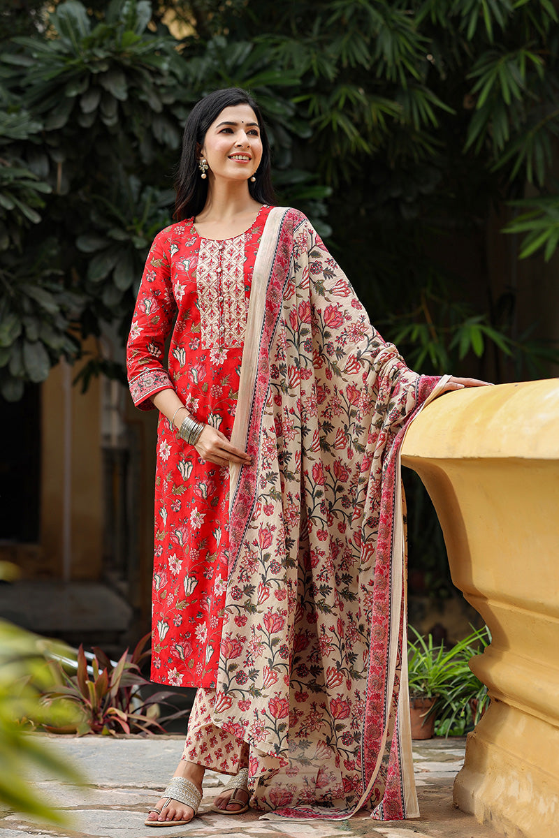 Women's Cotton Blend Printed Kurta Pant Dupatta Set
