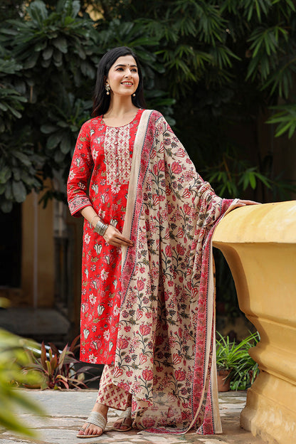 Women's Cotton Blend Printed Kurta Pant Dupatta Set