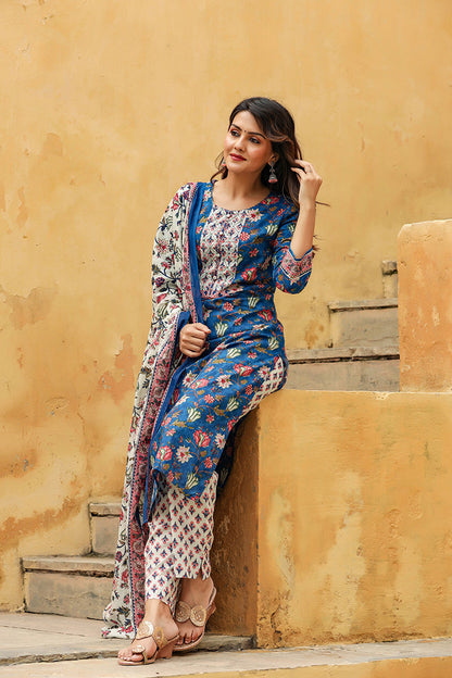 Women's Cotton Blend Printed Kurta Pant Dupatta Set