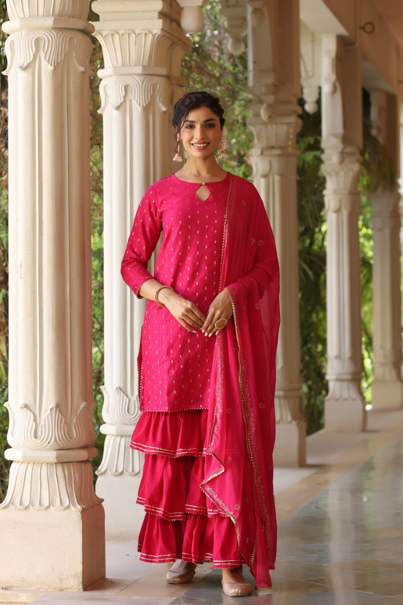 Women's Pink Ethnic Motifs Embroidered Regular Viscose Rayon Kurta With Sharara With Dupatta