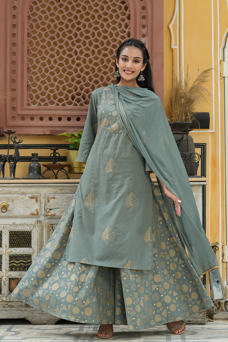 Women's Grey Gold-Toned Embroidered Cotton Kurta With Palazzos Dupatta