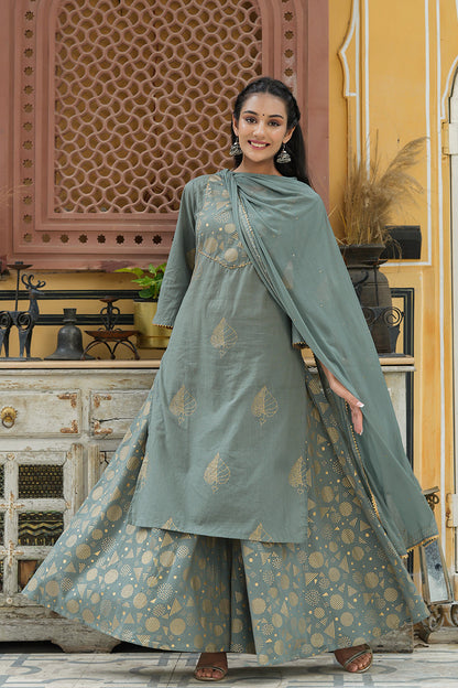 Women's Grey Gold-Toned Embroidered Cotton Kurta With Palazzos Dupatta