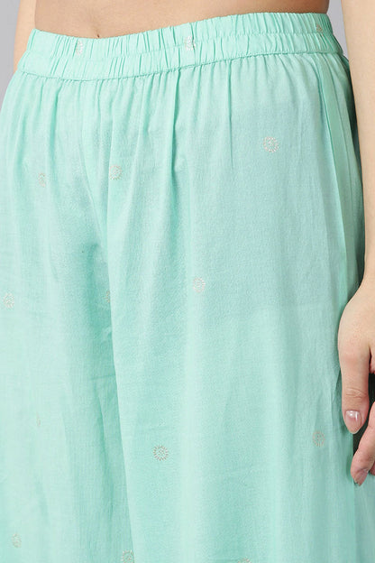 Women's Sea Green Ethnic Motifs Printed Regular Sequinned Cotton Kurta With Pants With Dupatta