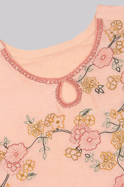Women's Peach Floral Embroidered Regular Kurti With Pants Dupatta