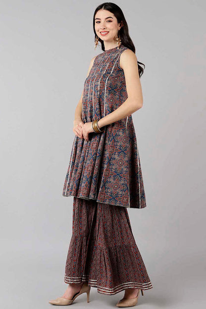 Women's Cotton Printed Kurta Sharara Dupatta Set
