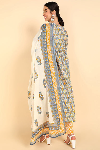 Women's Cotton Floral Printed Kurta Pants With Dupatta Set