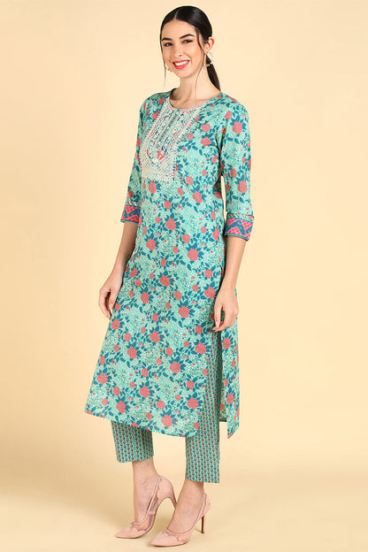Women's Cotton Floral Printed Kurta Pants With Dupatta Set