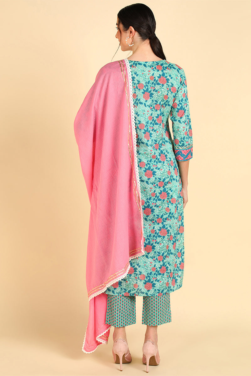 Women's Cotton Floral Printed Kurta Pants With Dupatta Set