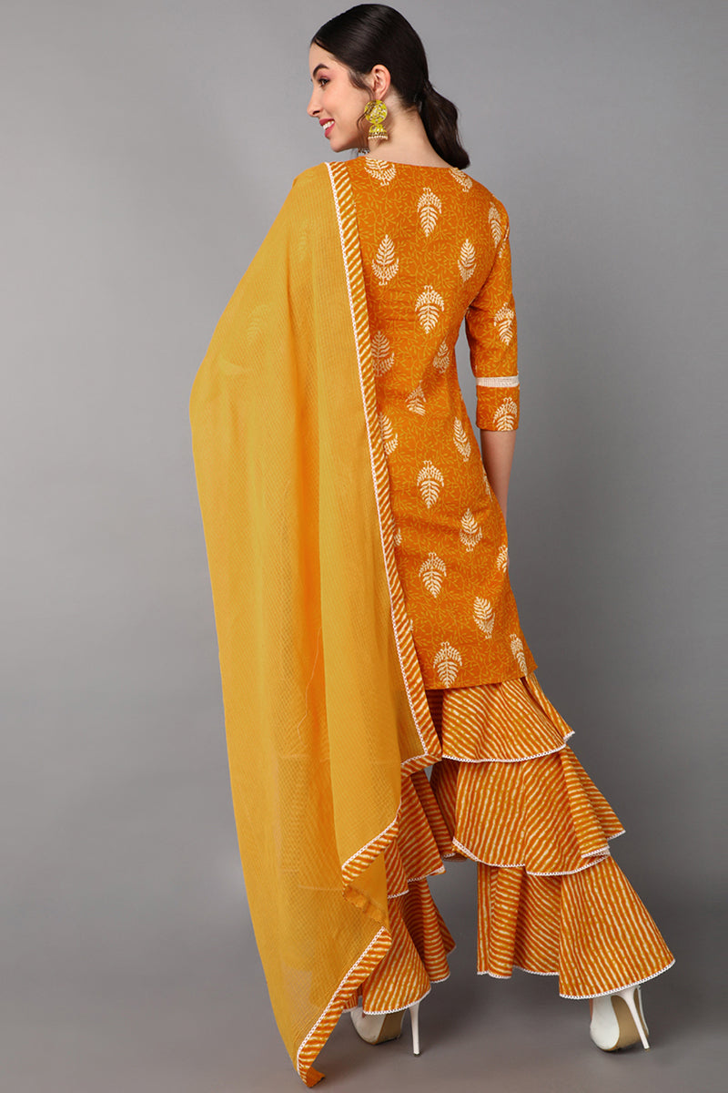 Women's Cotton Printed Kurta Sharara Dupatta Set