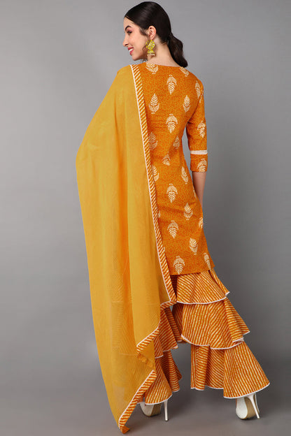 Women's Cotton Printed Kurta Sharara Dupatta Set
