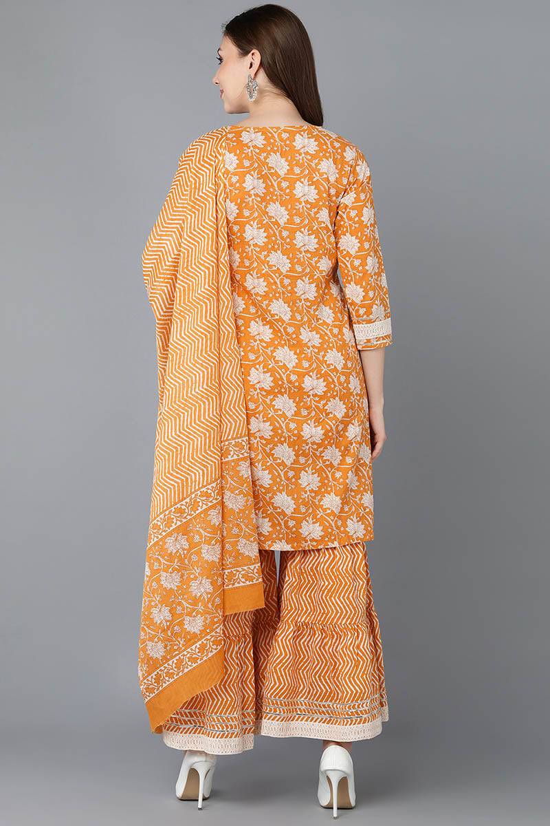 Women's Cotton Embroidered Floral Printed Kurta Sharara With Dupatta