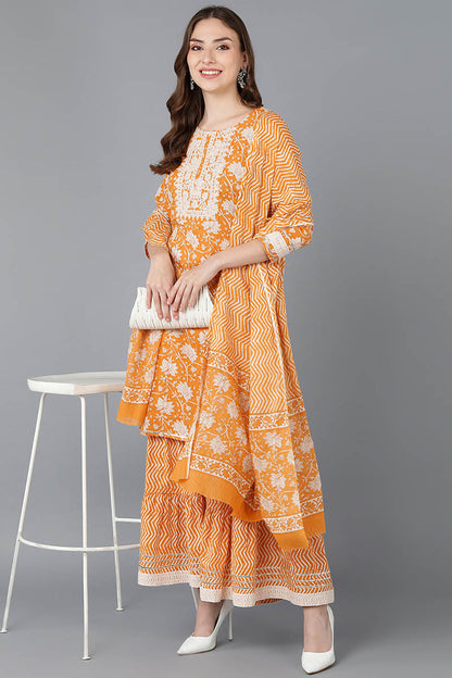 Women's Cotton Embroidered Floral Printed Kurta Sharara With Dupatta