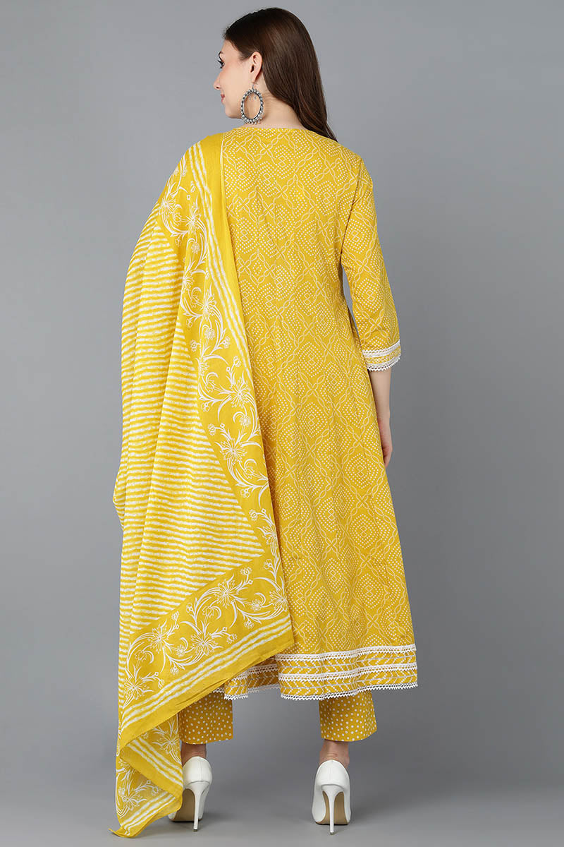 Women's Cotton Blend Embroidered Bandhani Printed Kurta Pant With Dupatta