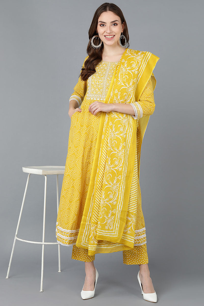 Women's Cotton Blend Embroidered Bandhani Printed Kurta Pant With Dupatta