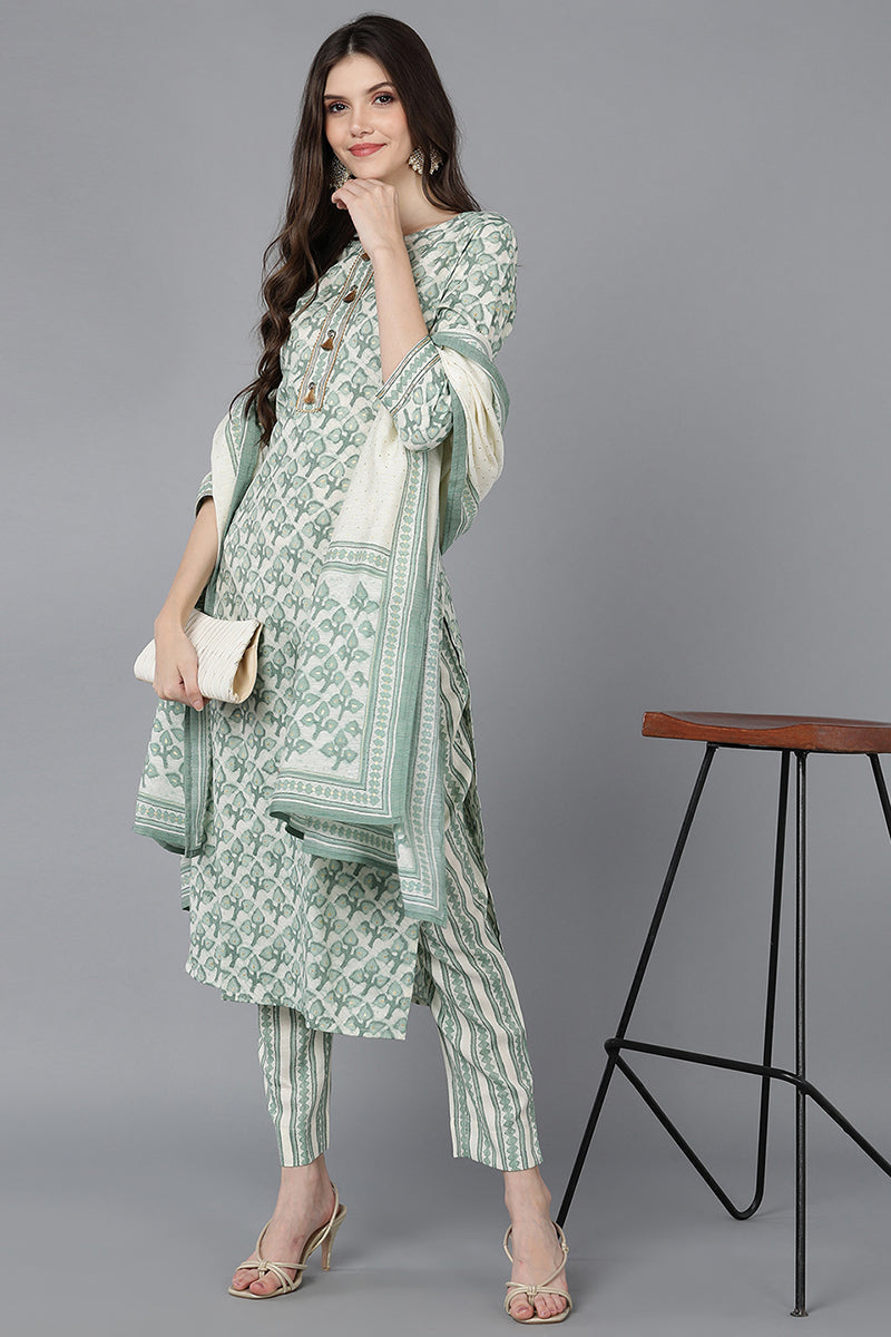Women's Cotton Blend Gold Printed Kurta Pant With Dupatta
