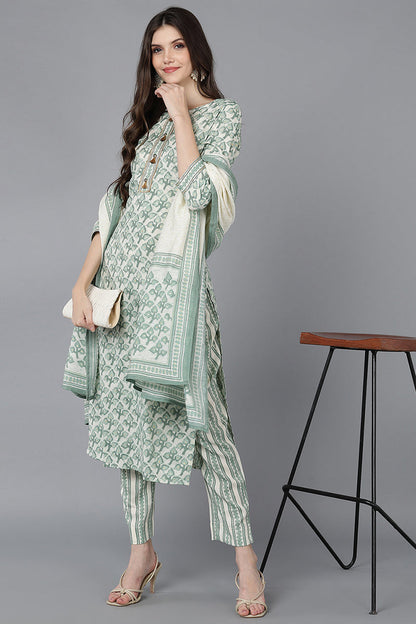 Women's Cotton Blend Gold Printed Kurta Pant With Dupatta