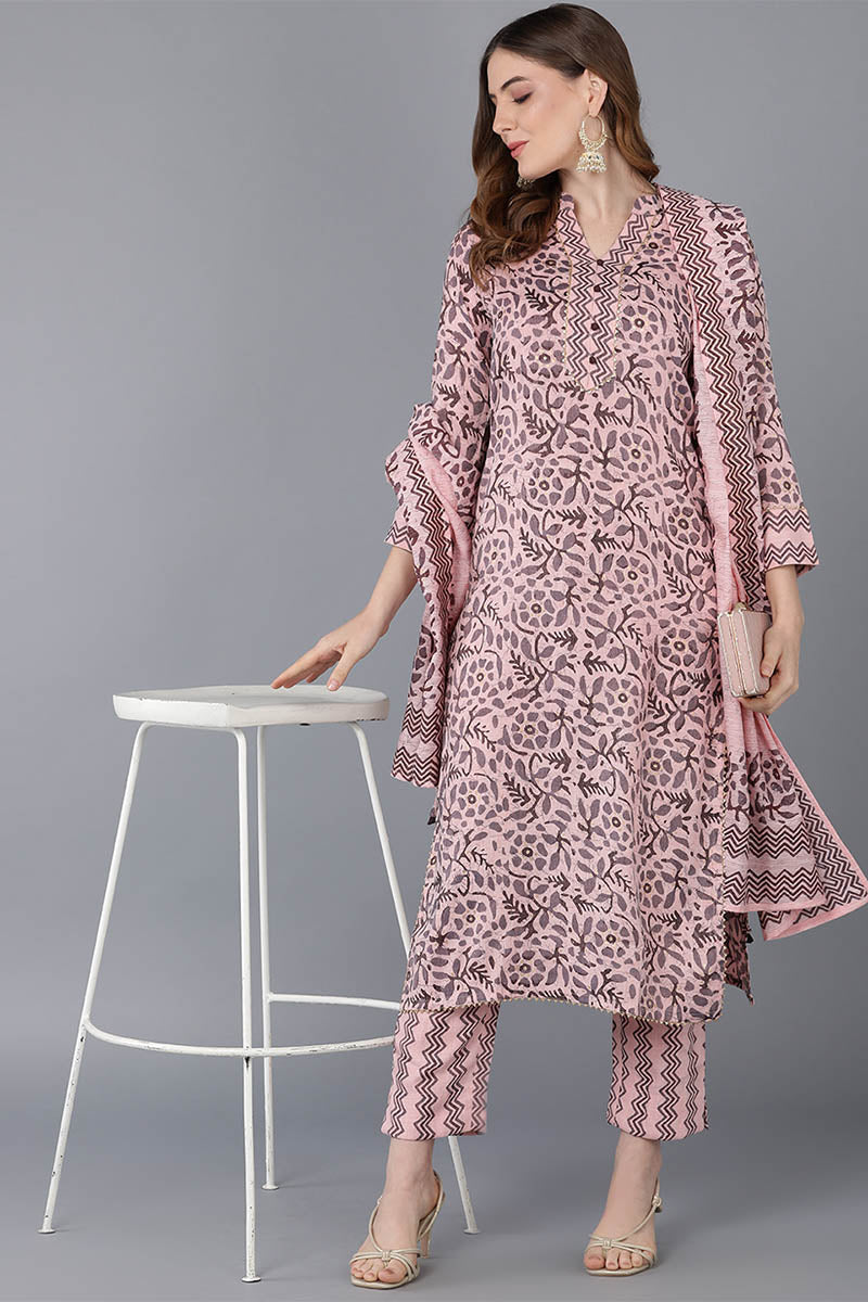 Women's Cotton Blend Printed Kurta Pants With Dupatta