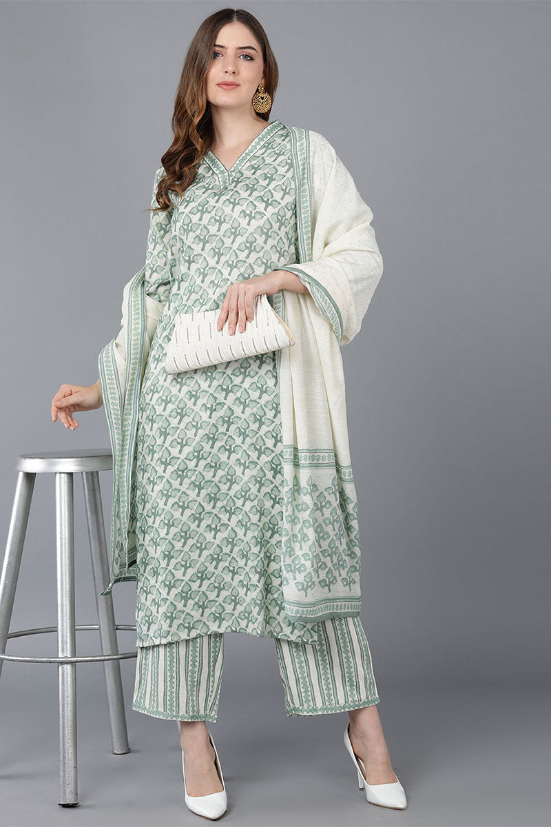 Women's Cotton Blend Gold Printed Kurta Pants With Dupatta