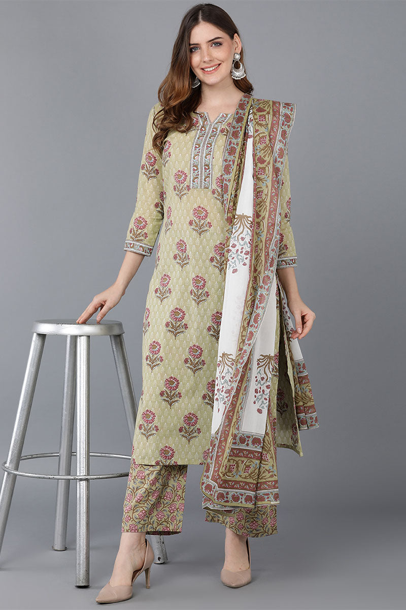 Women's Cotton Floral Printed Kurta Palazzo With Dupatta