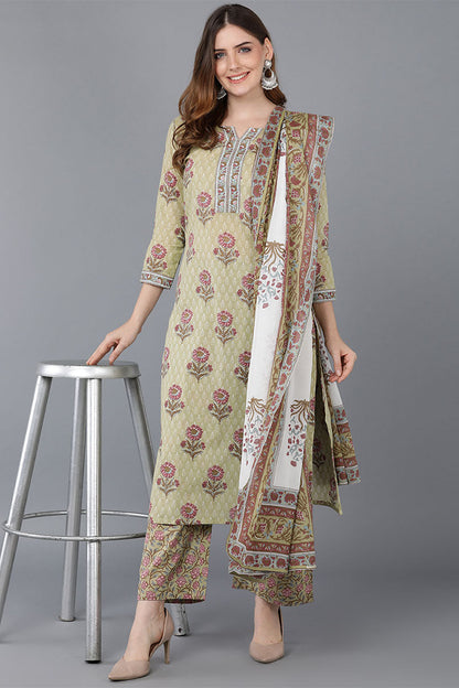 Women's Cotton Floral Printed Kurta Palazzo With Dupatta