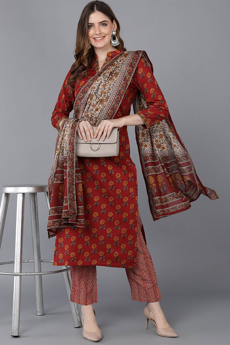 Women's Cotton Floral Printed Kurta Pants With Dupatta