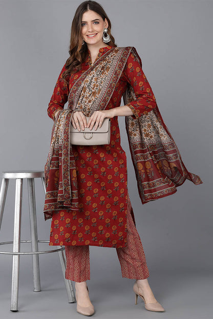 Women's Cotton Floral Printed Kurta Pants With Dupatta