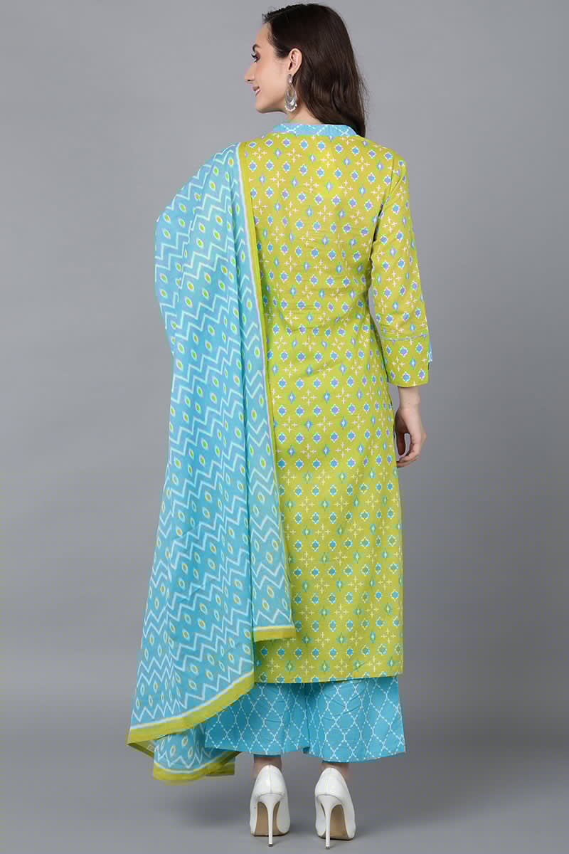 Women's Cotton Blend Printed Kurta Palazzos With Dupatta
