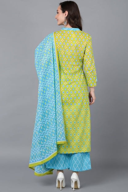 Women's Cotton Blend Printed Kurta Palazzos With Dupatta