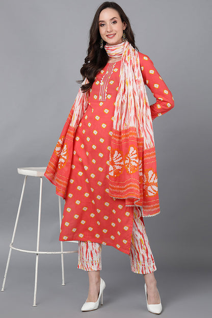 Women's Cotton Bandhani Printed Kurta Pants With Dupatta