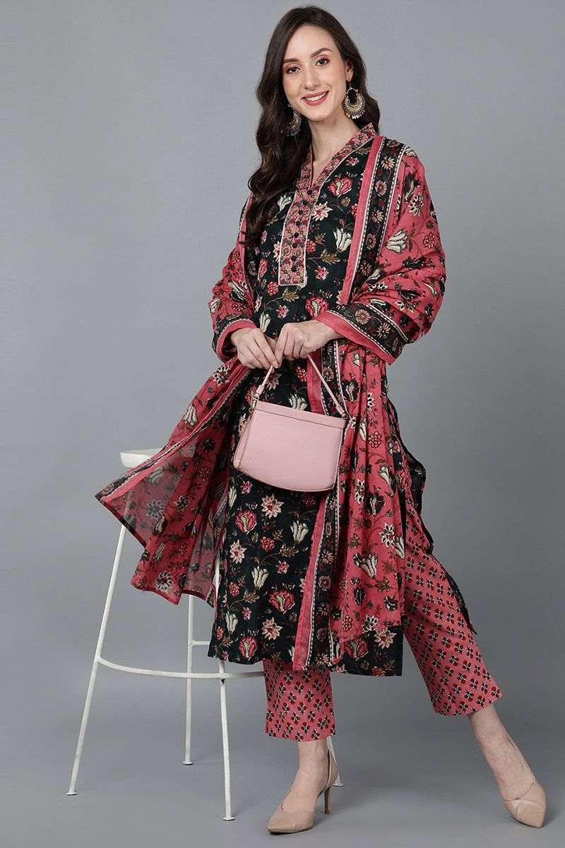 Women's Cotton Floral Printed Kurta Pants With Dupatta
