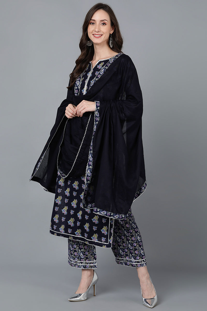 Women's Cotton Floral Printed Kurta Palazzos With Dupatta