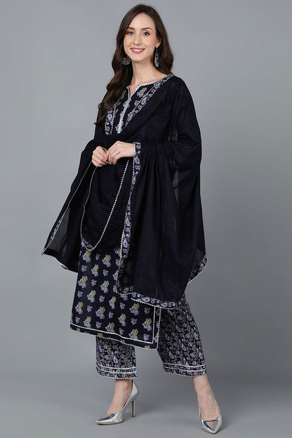 Women's Cotton Floral Printed Kurta Palazzos With Dupatta