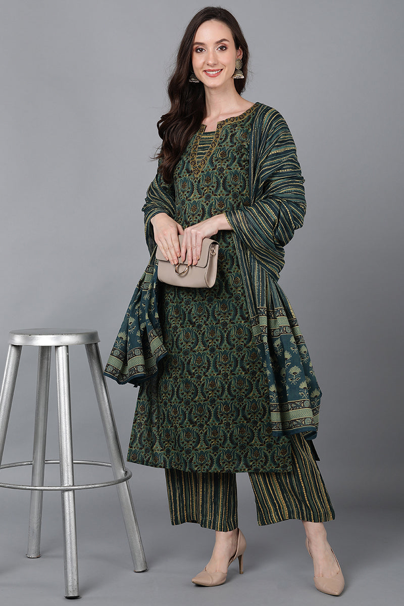 Women's Cotton Abstract Printed Kurta Palazzos With Dupatta