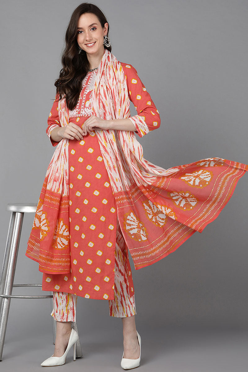 Women's Cotton Bandhani Printed Kurta Pants With Dupatta