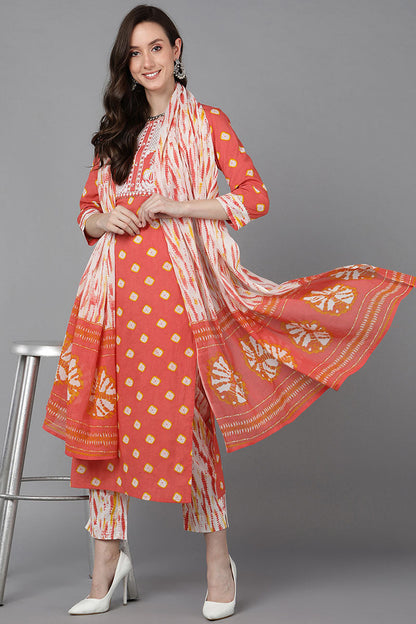Women's Cotton Bandhani Printed Kurta Pants With Dupatta