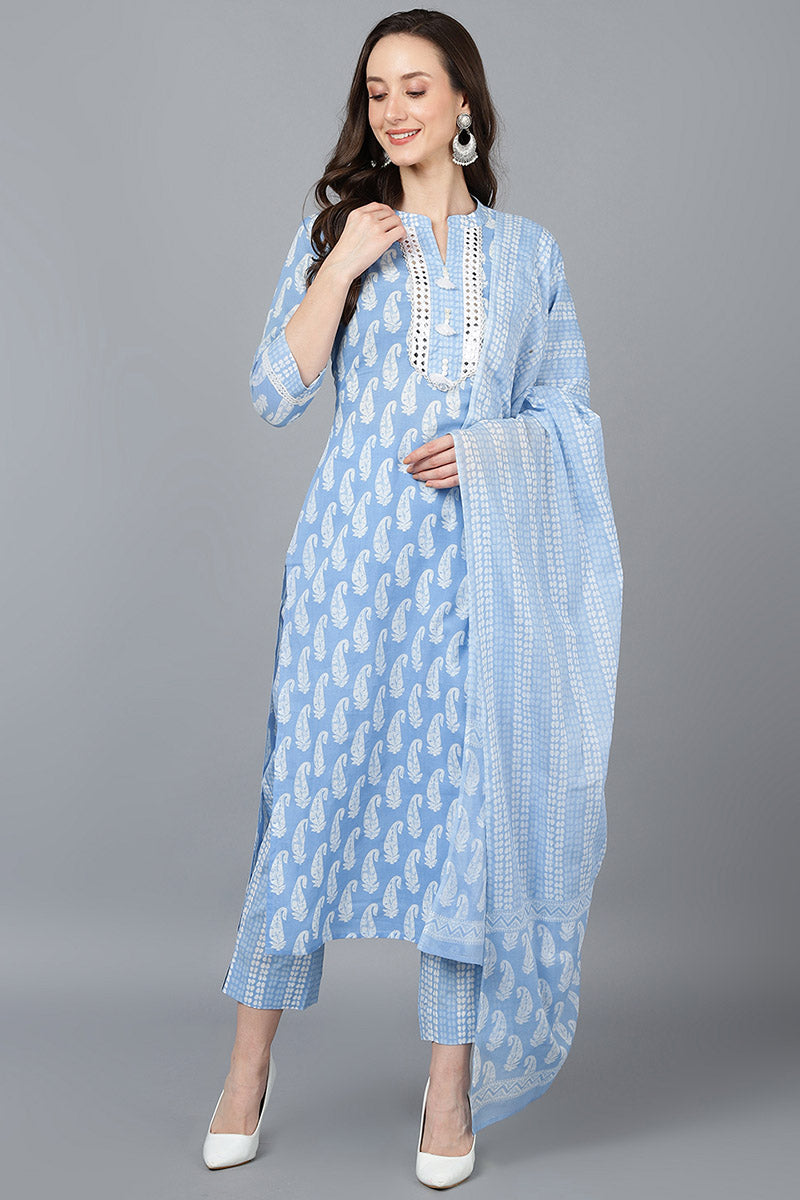 Women's Cotton Paisley Printed Kurta Pants With Dupatta