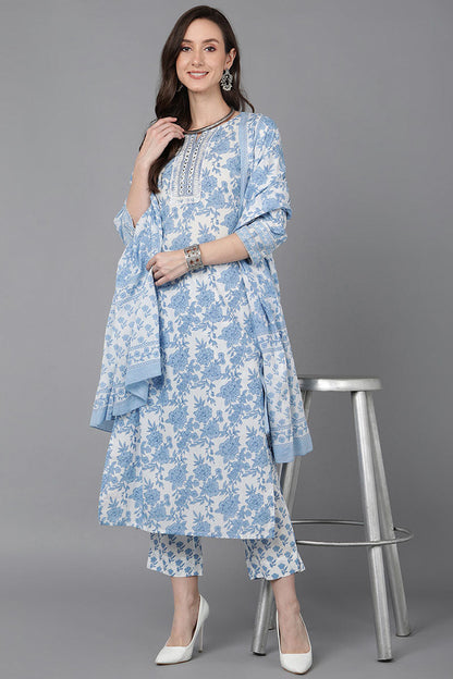Women's Cotton Floral Kurta Pants With Dupatta