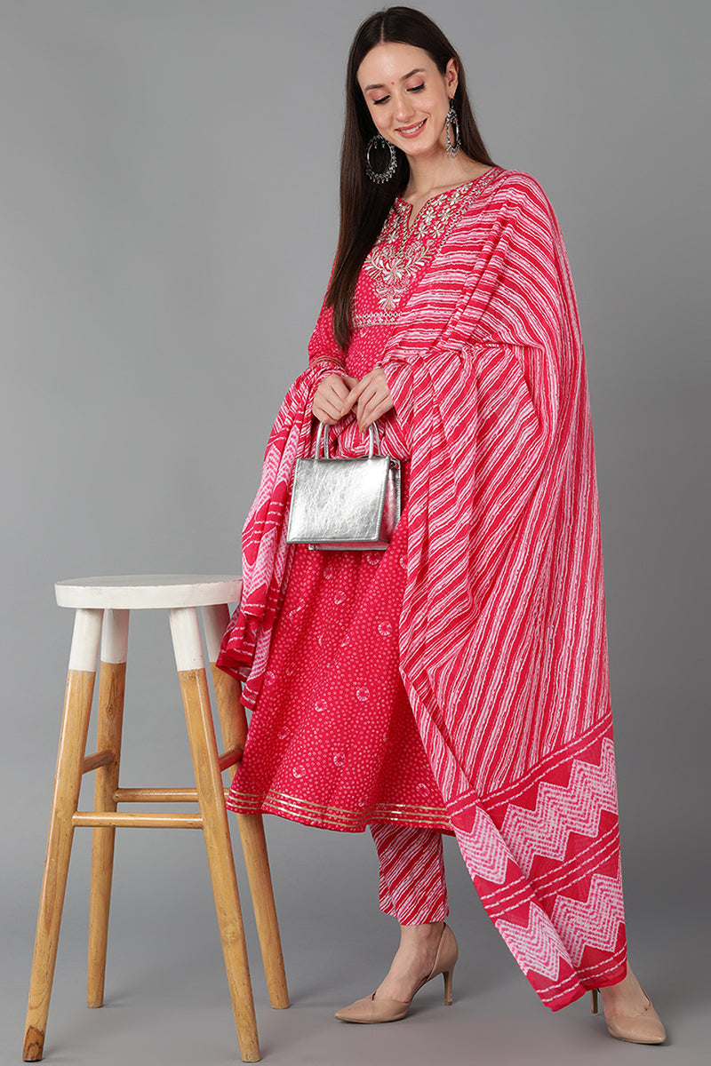 Women's Cotton Yoke Design Printed Kurta Pants With Dupatta